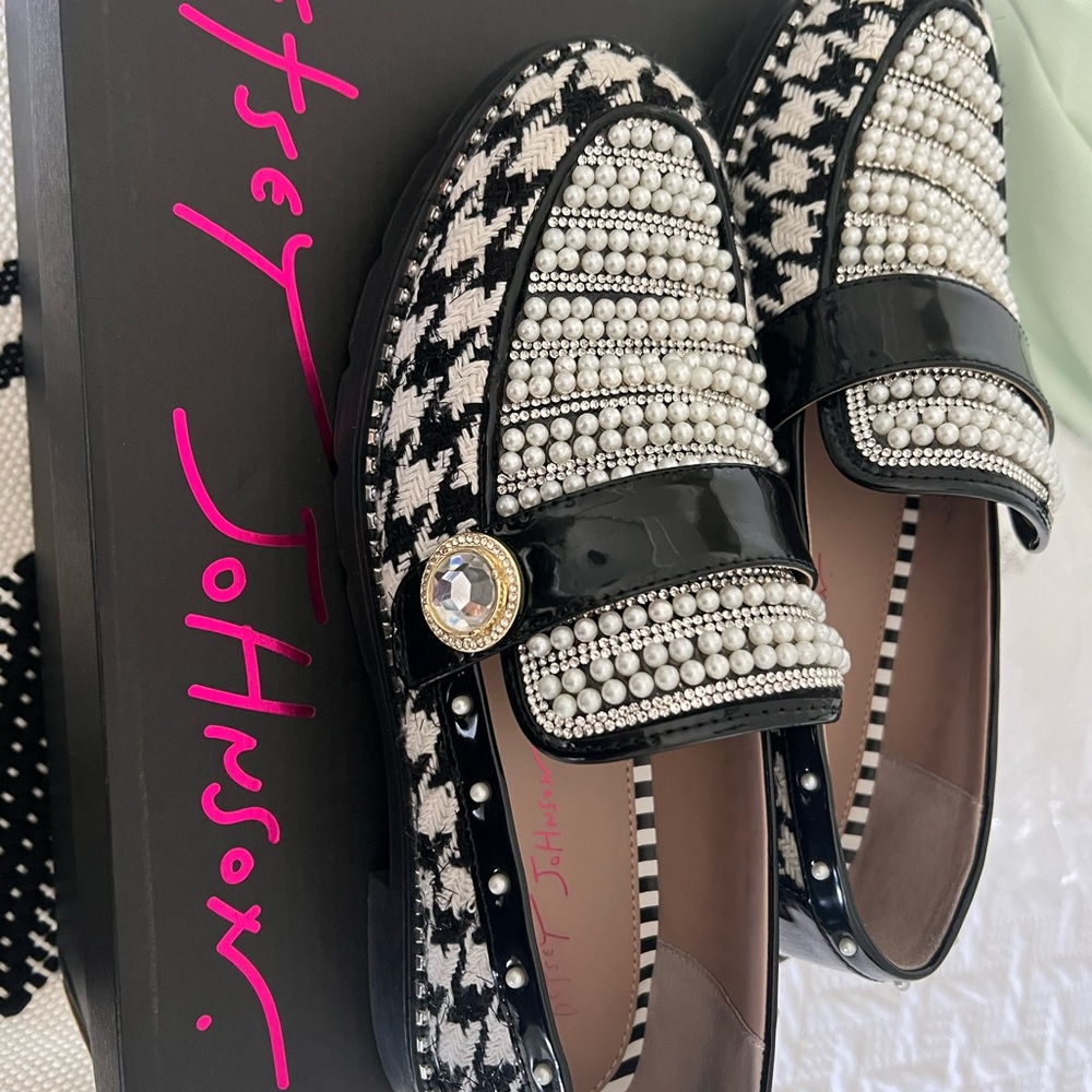 Betsey Johnson Black and White Pearl Loafers